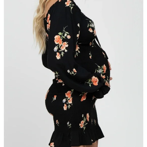 Black Floral Long Sleeve Smocked Maternity Mini Dress - Picture 3 of 5
